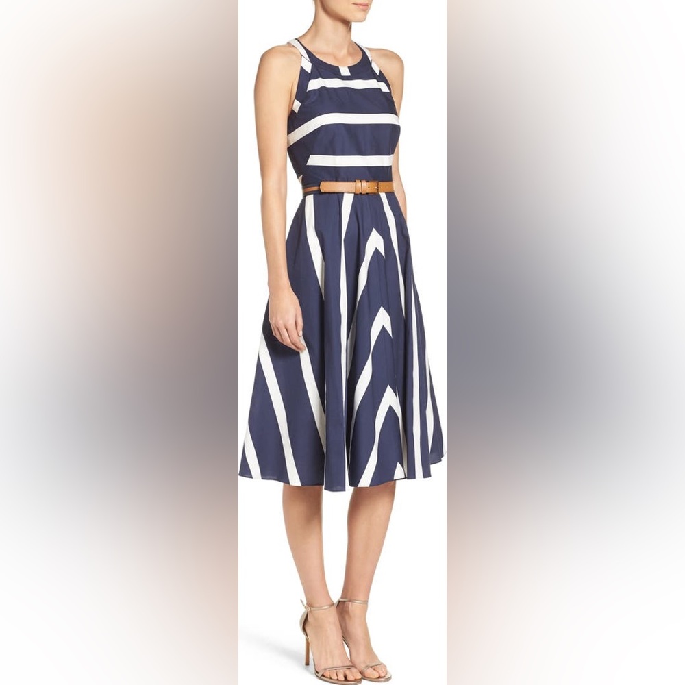 Eliza J Navy Blue And White Striped Fit And Flare Dress - Picture 2 of 15